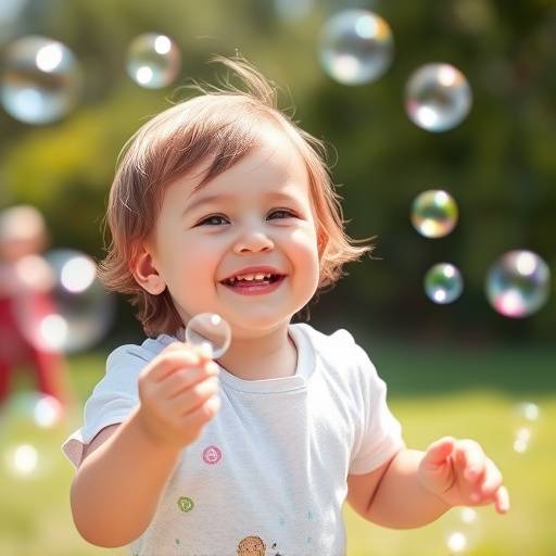 Allegria contagiosa: un bambino felice che insegue bolle di sapone all'aperto.