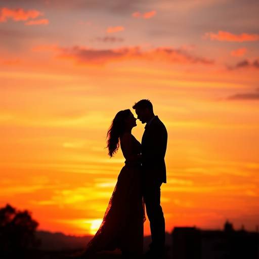 Coppia romantica al tramonto, silhouette contro il cielo arancione e rosa.