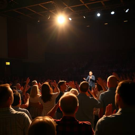 Folta platea che applaude durante la presentazione di un relatore su un palco illuminato.