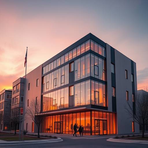 Fotografia di architettura di un edificio moderno al tramonto, con luci calde che illuminano la facciata.