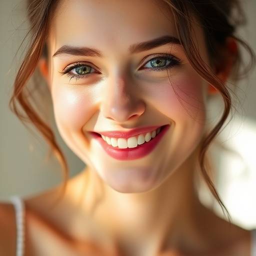 Giovane donna con luce soffusa che illumina il suo sorriso sereno.