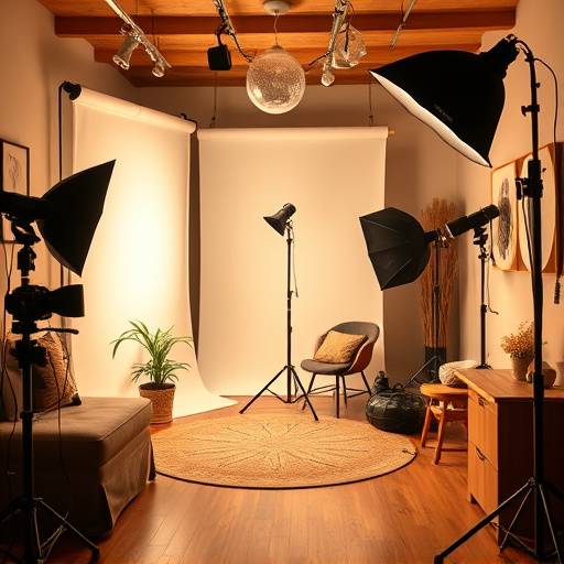 Interno accogliente dello studio fotografico Lumina Art con luci soffuse e attrezzatura professionale