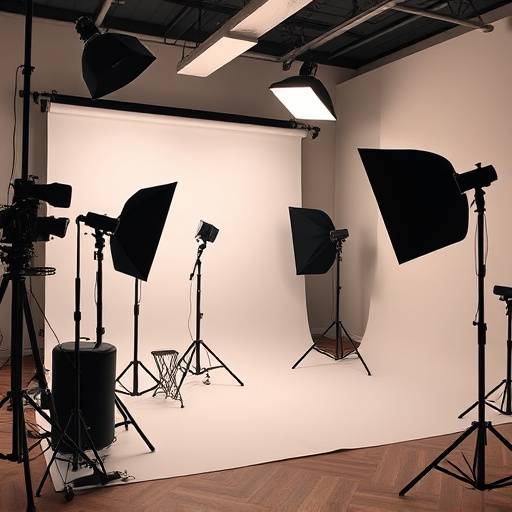 Interno di uno studio fotografico con attrezzature professionali e un modello posizionato