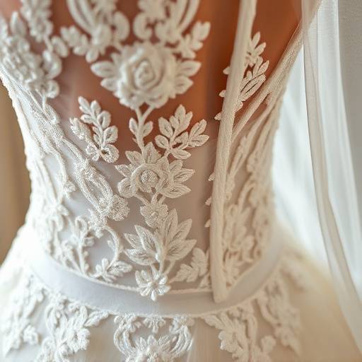 L'eleganza dei dettagli: un abito da sposa riccamente decorato prima della cerimonia.