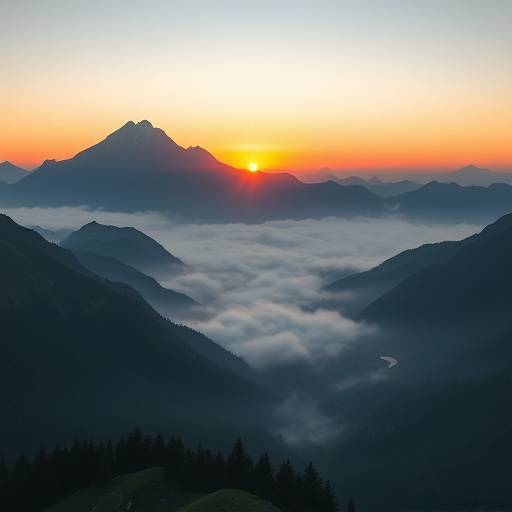 Paesaggio montano all'alba con nebbia che aleggia tra le vette e il sole che inizia a sorgere.