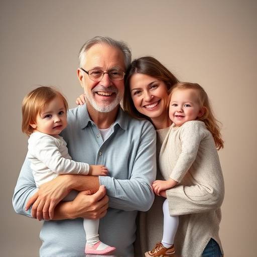 Ritratto di famiglia in studio, con genitori e figli che sorridono e si abbracciano.