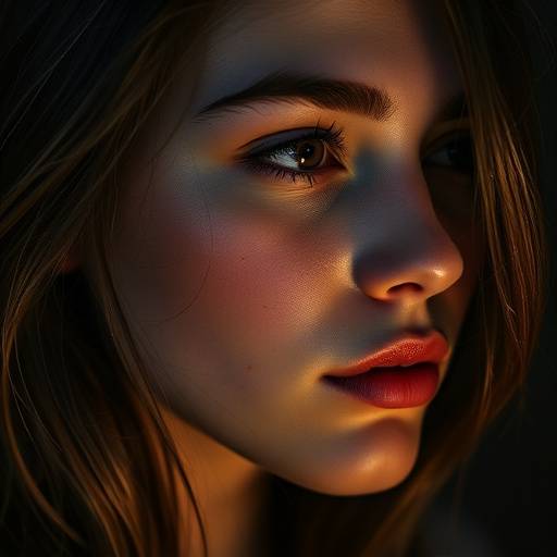 Ritratto intenso di una giovane donna, illuminata da una luce laterale che ne esalta i lineamenti.